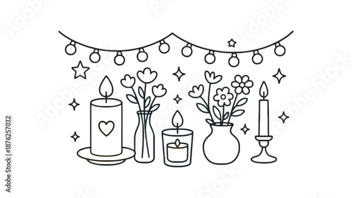 A colorful illustration of candles and flowers with a festive string of lights