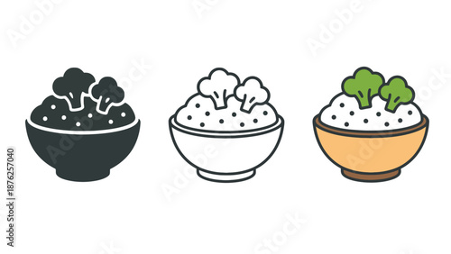 A set of colorful bowls filled with rice and broccoli