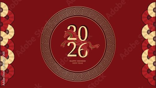Flat Asian Style Horse Zodiac 2026 Illustration with Red and Gold Circular Geometric Frame and Oriental Fan Elements for Lunar New Year Background