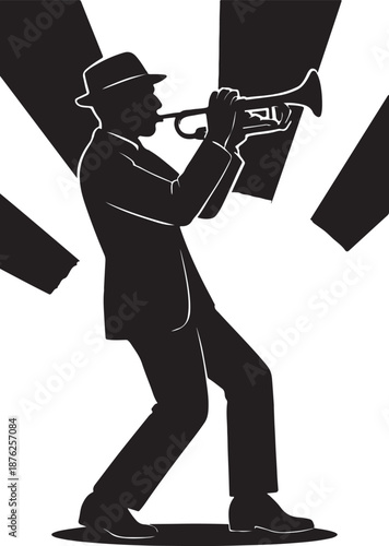 Trumpet player silhouette with jazz vibe.