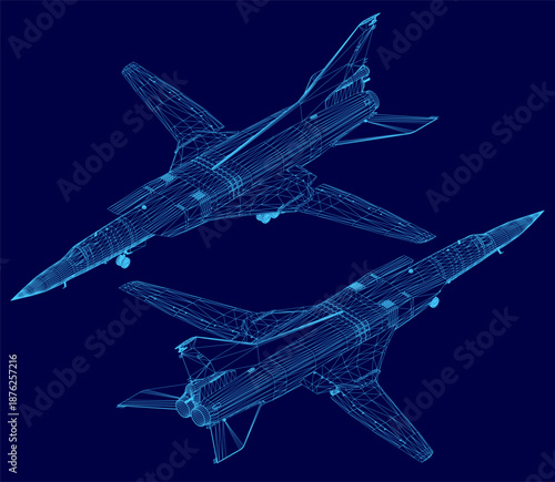 A 3D model of a military fighter jet, rendered realistically with a detailed wireframe set against a stark blue background for high contrast. Isometric view