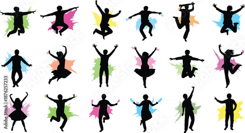 Silhouettes of people jumping and dancing in various poses with colorful backgrounds