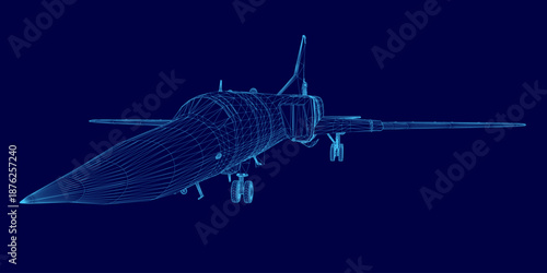 A 3D wireframe model of a military fighter jet is rendered with realistic detail against a solid blue background.