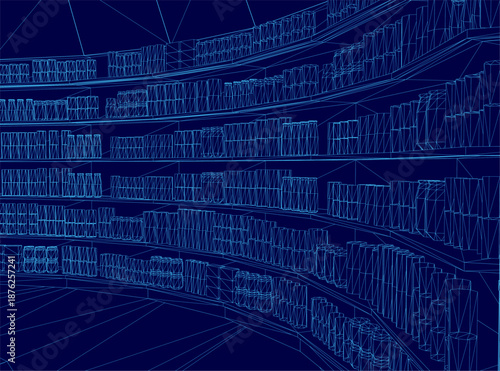 A detailed 3D wireframe model of a modern library or retail store, featuring counters and goods, is displayed on a solid blue background.