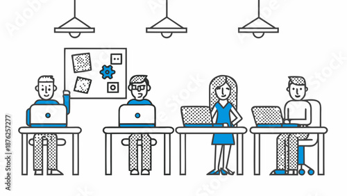 Team collaboration in modern office space with laptops