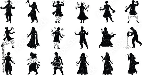 Collection of 16 black silhouettes of people in various dance poses