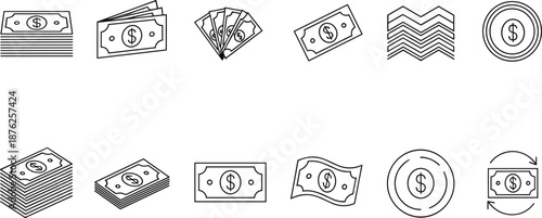 Money vector icon set featuring cash bills, currency stacks, dollar symbols, financial payment illustrations, banking elements, and wealth graphics