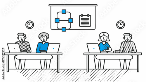 Team collaboration in modern office setting with laptops