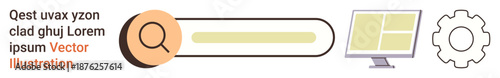 Online research, technology tools, digital interfaces, web development, information systems, productivity concepts. Search bar with a magnifying glass, computer monitor and gear icon. Online