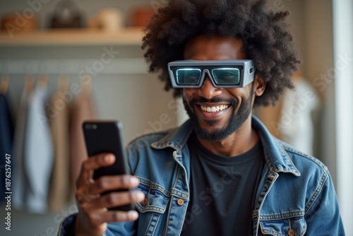 Title: An African American man embarks on a virtual fashion journey, testing out AR glasses through a smartphone app for a one-of-a-kind shopping adventure.