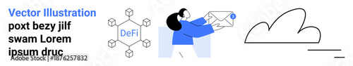 Blockchain, decentralized finance, secure transactions, cloud storage, communication, data sharing. A person holding an envelope, decentralized network icons and a cloud graphic. Blockchain