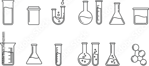 Laboratory glassware vector icon set featuring beakers, test tubes, flasks, chemical containers, science equipment, and molecular elements