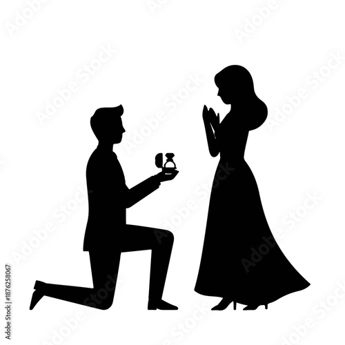 A romantic silhouette captures the moment a man kneels to propose marriage to a woman, presenting a ring box, a symbol of love and commitment.