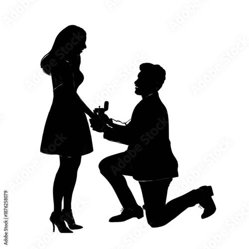 A striking black silhouette of a man proposing marriage on one knee to his partner, highlighting the romantic gesture.