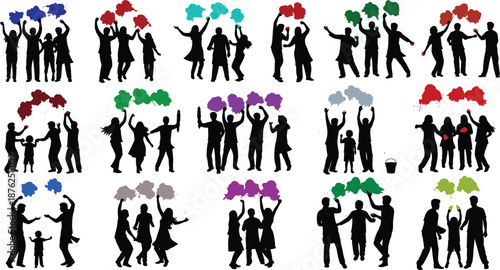 Silhouette of people cheering with colorful balloons