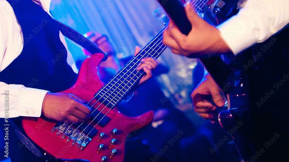 Obraz premium Close Up of Bass Guitar and Saxophone Being Played at Live Jazz Concert