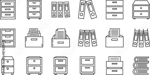Office drawer and file organizer vector icon set featuring document storage cabinets, binders, paperwork boxes, and office furniture designs