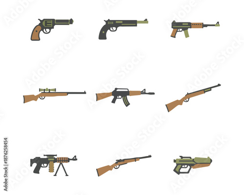 Collection of pixelated firearms on black background