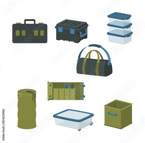 Collection of storage containers and cases on black background