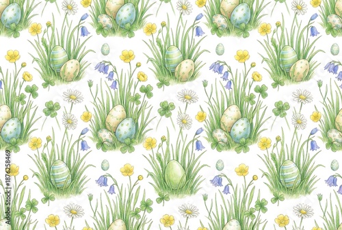 Seamless watercolor pattern of Easter eggs in grass with flowers. Spring holiday decorative background for celebration and design.