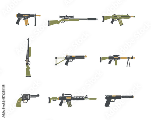 Collection of stylized weapon illustrations on black background