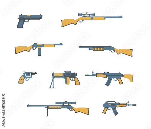Collection of stylized weapon illustrations on a black background
