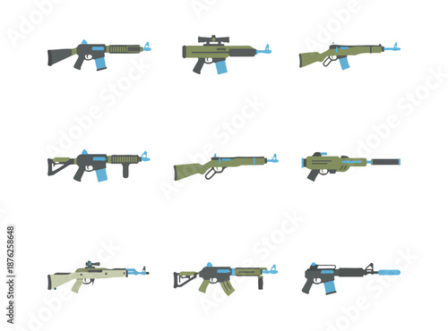 Geometric vector illustrations of various firearms on dark background
