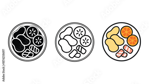 Three plates of food in different illustration styles on white background