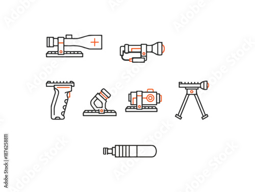 Set of various optical sights and accessories on black background