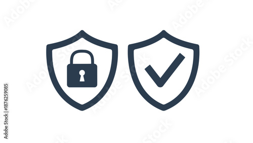 Pair of dark blue stylized shield icons representing digital security confirmation and data protection concepts on transparent background