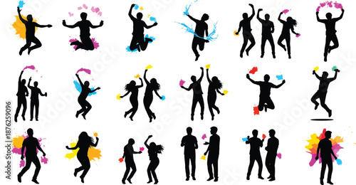 Silhouette of people dancing and celebrating with colorful splashes