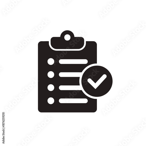 A black checklist icon with a completed task checkmark, representing success or completion.