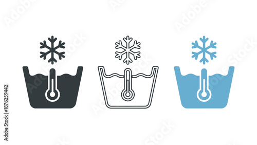 A set of three icons depicting temperature and snowflakes in different colors