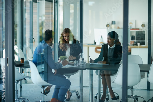 Canvas Print Business people, documents and discussion with team at office with review for case at corporate law firm