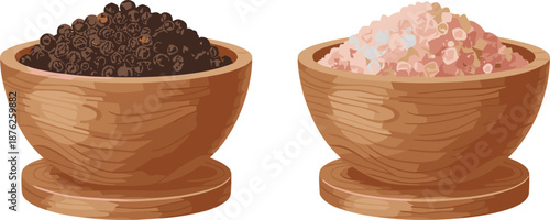 Black pepper and pink Himalayan salt bowls illustration, wooden spice containers isolated on white background vector seasoning ingredients design