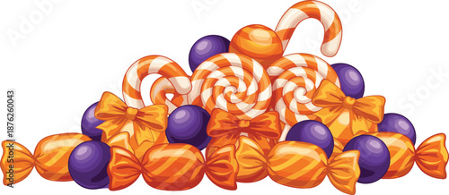 Colorful candy assortment illustration, sweet lollipops caramels and wrapped sweets pile isolated on white background vector confectionery design