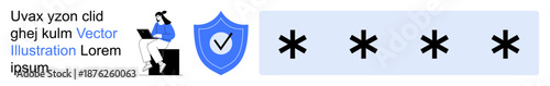 Data security, online safety, identity protection, cybersecurity, password creation, user authentication. Image shows shield with checkmark, password symbols, and individual with laptop