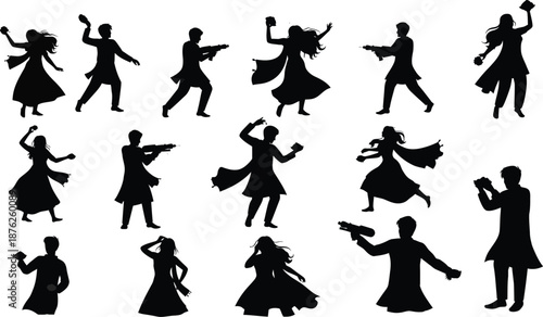 Collection of 12 dancing silhouettes in various poses and outfits