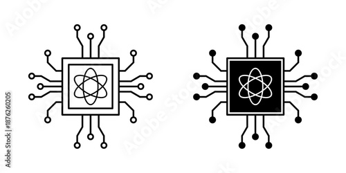 Quantum computing microchip icon with atom symbol illustrating advanced technology