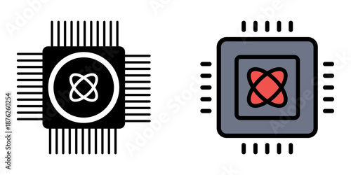 Illustrative icon of a microchip with a unique quantum-like symbol, representing advanced technology