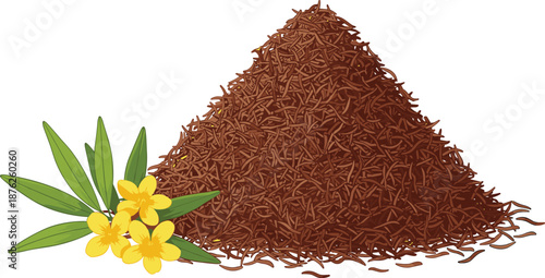 Dried vanilla tea leaves pile with flowers illustration, herbal aromatic ingredient isolated on white background vector natural product design