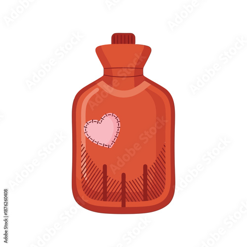 Hot water bottle vector clipart with heart patch, cozy winter health care illustration
