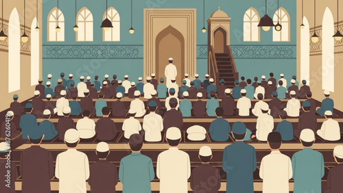 Muslims praying in a mosque large congregation during prayer time Islamic culture and religious gathering illustration