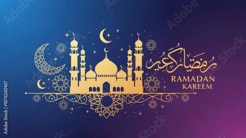 Golden Islamic mosque silhouette with crescent moon and stars Ramadan Kareem calligraphy for religious celebration vector illustration on gradie