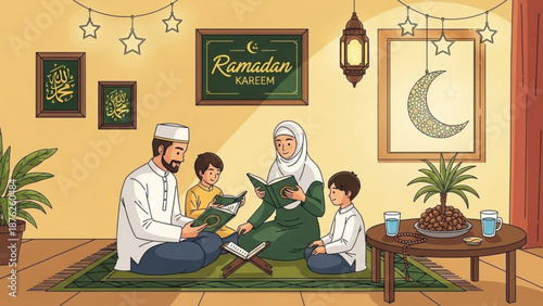 Muslim family reading Quran together during Ramadan Kareem warm home interior with Islamic decor concept of faith and togetherness