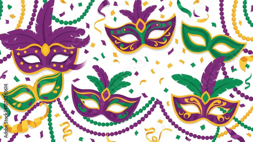 Mardi Gras Masks and Beads Pattern on White Background