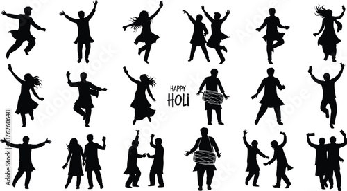 Silhouette of people dancing and celebrating in various joyful poses
