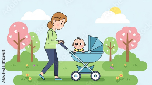 Mother Walking Baby Stroller in Park during Sunny Day