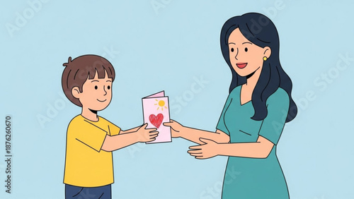 Young Boy Giving Mother Card with Heart on Mothers Day