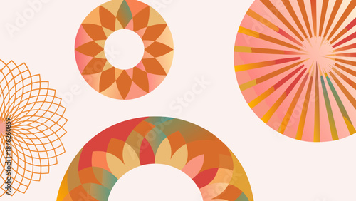 Abstract vector design featuring circular and curved shapes in warm orange pink and red hues with geometric patterns on white background for creative projects and designs